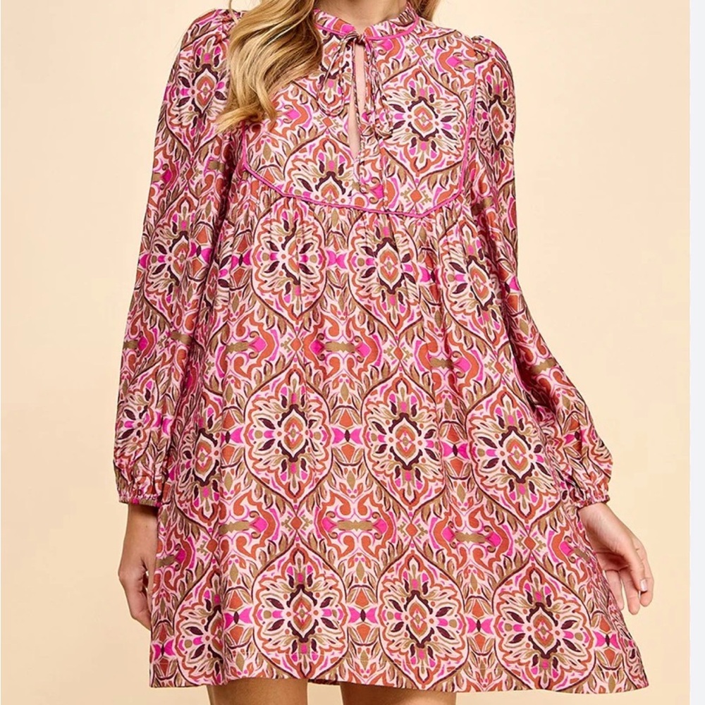 TCEC Pink and Brown Patterned Mini Dress
